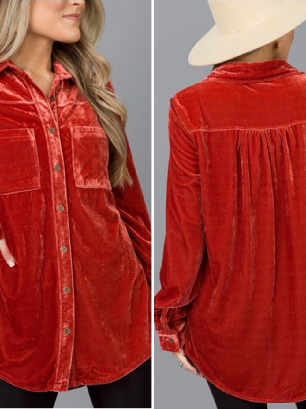 UMGEE Velvet Velour Long Sleeve Button Down Top Blouse Rust Burnt Orange Size 2X